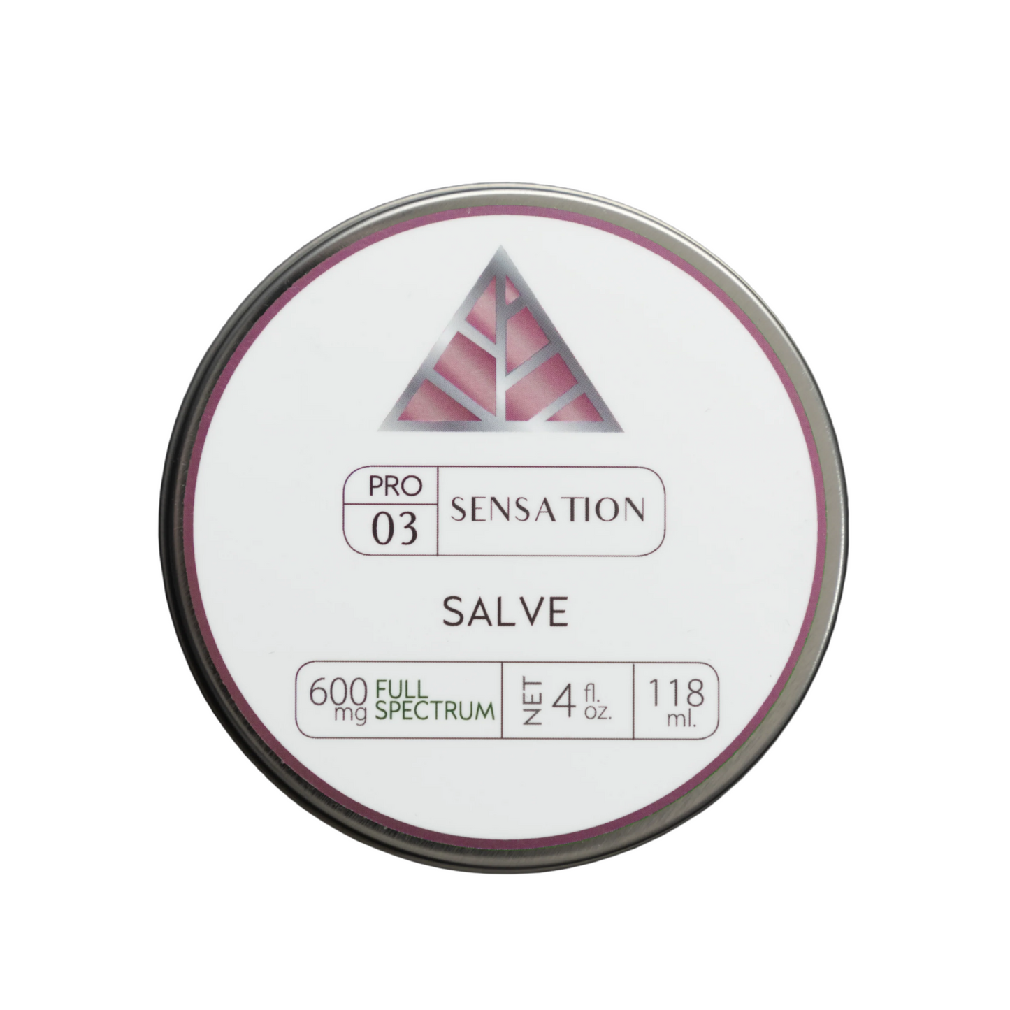 Silver salve container labeled 'Pro 03 Sensation Salve on a white background.