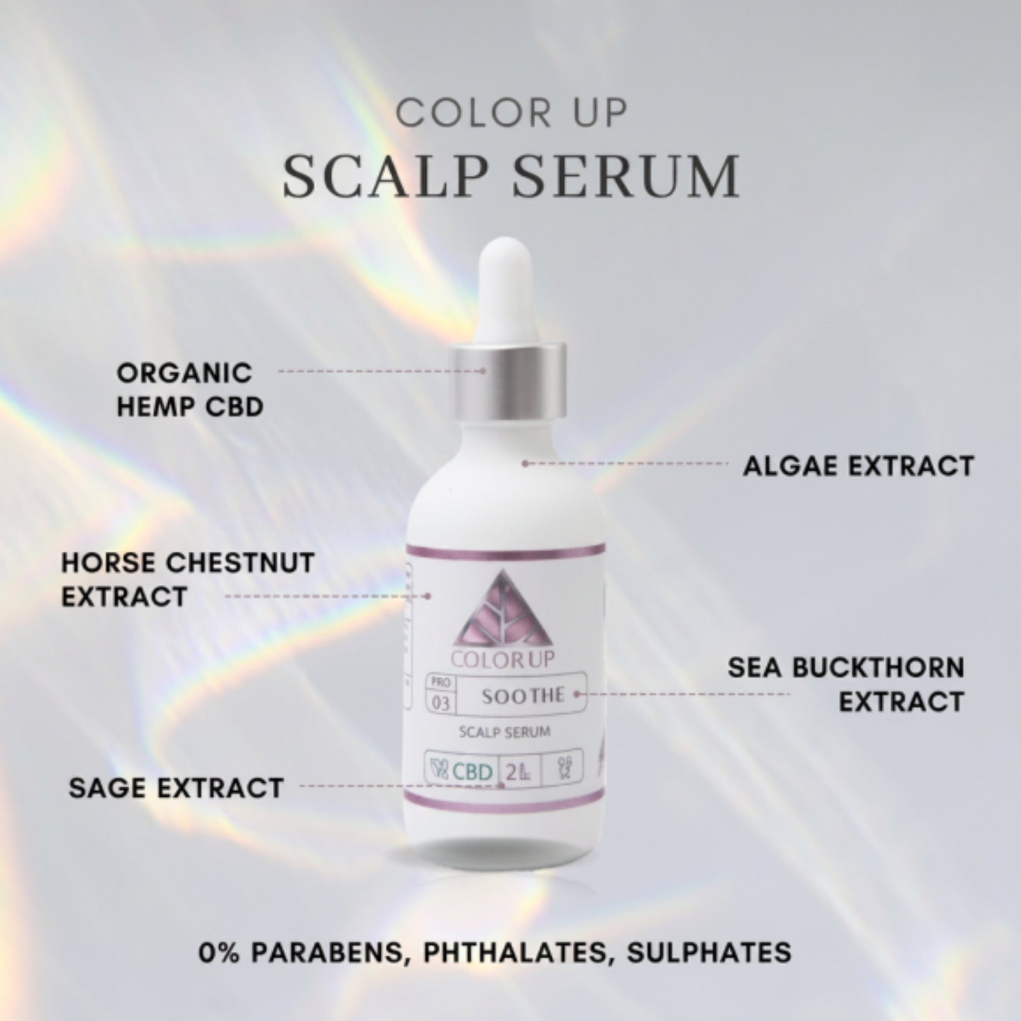 A bottle of Scalp Serum by Color Up, featuring a white dropper bottle with a silver collar and a purple label, surrounded by text highlighting ingredients like organic hemp CBD, horse chestnut extract, and sea buckthorn extract on a light gray background with soft rainbow light leaks.