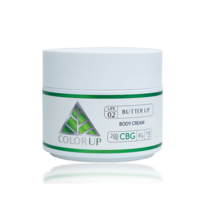 White jar with Color Up 200mg CBG Butter Up Body Cream label and green triangle on transparent background
