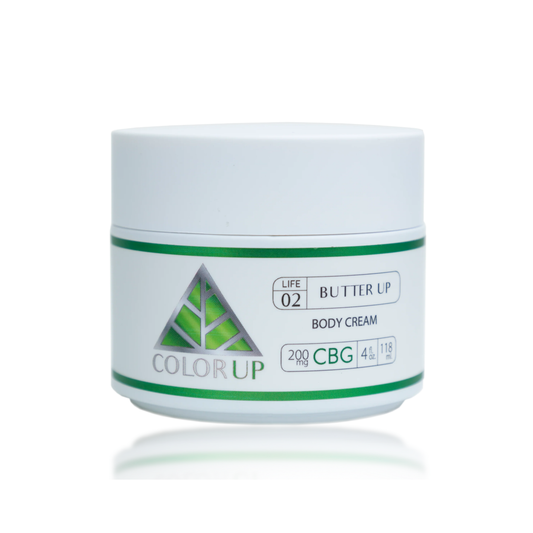 White jar with Color Up 200mg CBG Butter Up Body Cream label and green triangle on white background