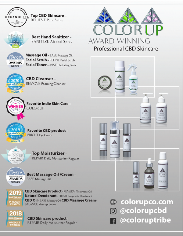 Color Up award-winning professional CBD skincare recognized for facial cleansers, moisturizers, massage oil, eye cream, facial scrub, and skincare innovation.