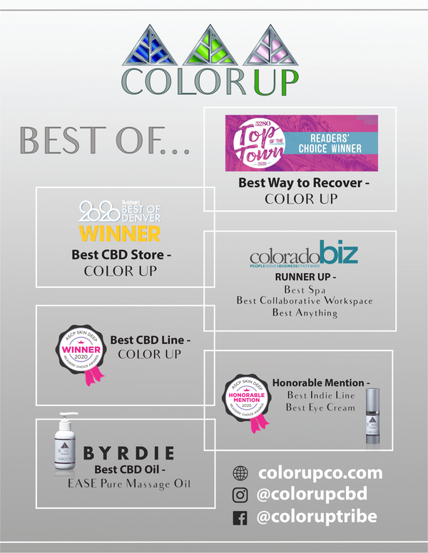 Color Up award-winning professional CBD skincare recognized for facial cleansers, moisturizers, massage oil, eye cream, facial scrub, and skincare innovation.
