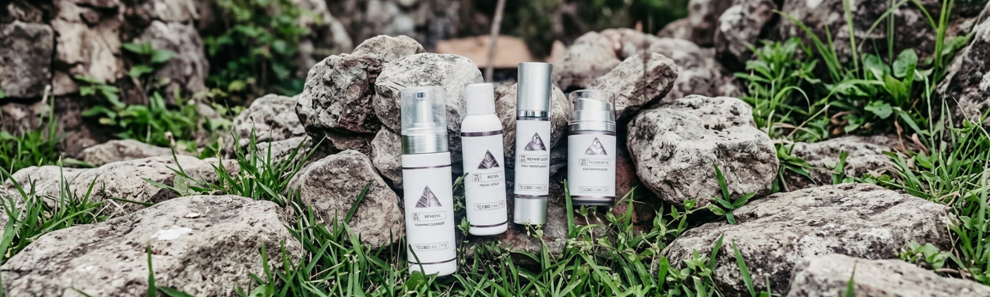 Color Up professional CBD skincare collection featuring facial cleanser, toner, moisturizer, and facial scrub displayed in a natural outdoor setting.