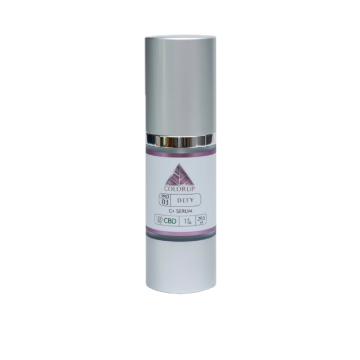 DEFY C+ Serum bottle with 'Color Up' pink logo on silver cosmetic bottle with transparent background