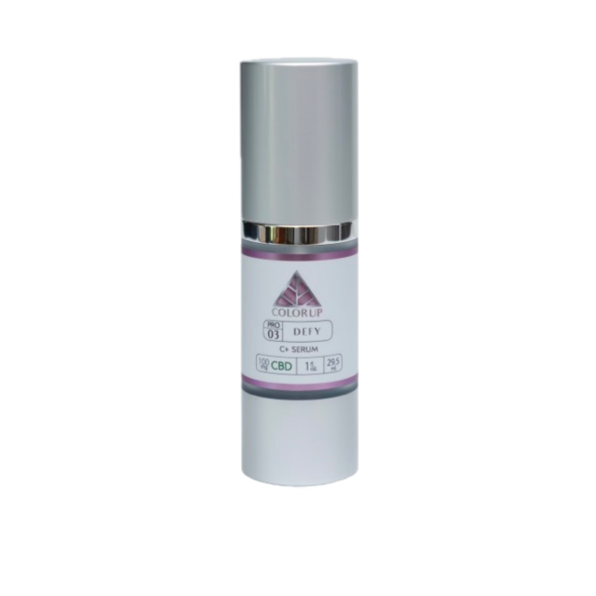 DEFY C+ Serum bottle with 'Color Up' pink logo on silver cosmetic bottle with transparent background