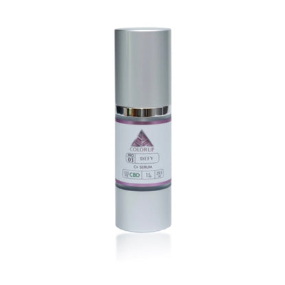 DEFY C+ Serum bottle with 'Color Up' pink logo on silver cosmetic bottle on white background