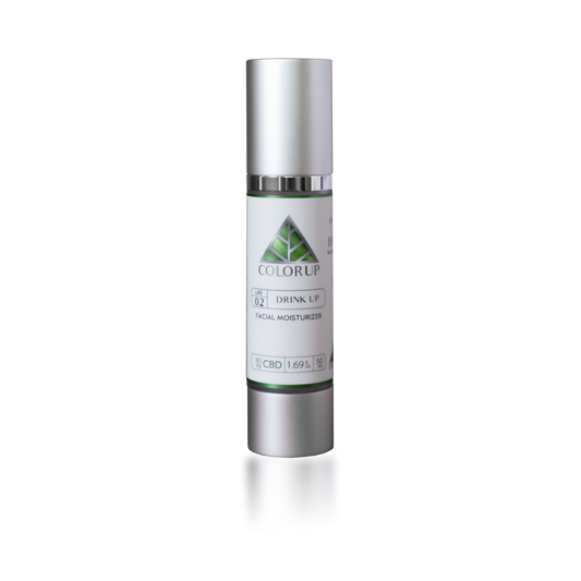 Color Up DRINK UP Facial Moisturizer with CBD, hemp protein, and lightweight hydration for daily facial skincare on transparent background.