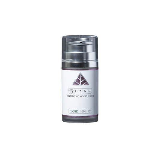 Color Up ELEMENTAL TINTED Zinc Moisturizer with CBD, non-nano zinc oxide, and sheer mineral coverage on transparent background.