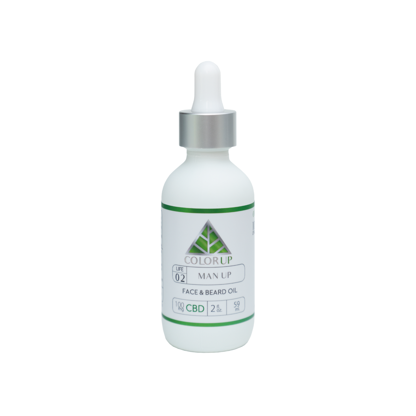 Color Up MAN UP Face and Beard Oil with CBD and botanical oils for beard care, facial hair, and men’s skincare on transparent background.