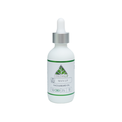 Color Up MAN UP Face and Beard Oil with CBD and botanical oils for beard care, facial hair, and men’s skincare on transparent background.