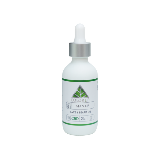Color Up MAN UP Face and Beard Oil with CBD and botanical oils for beard care, facial hair, and men’s skincare on transparent background.
