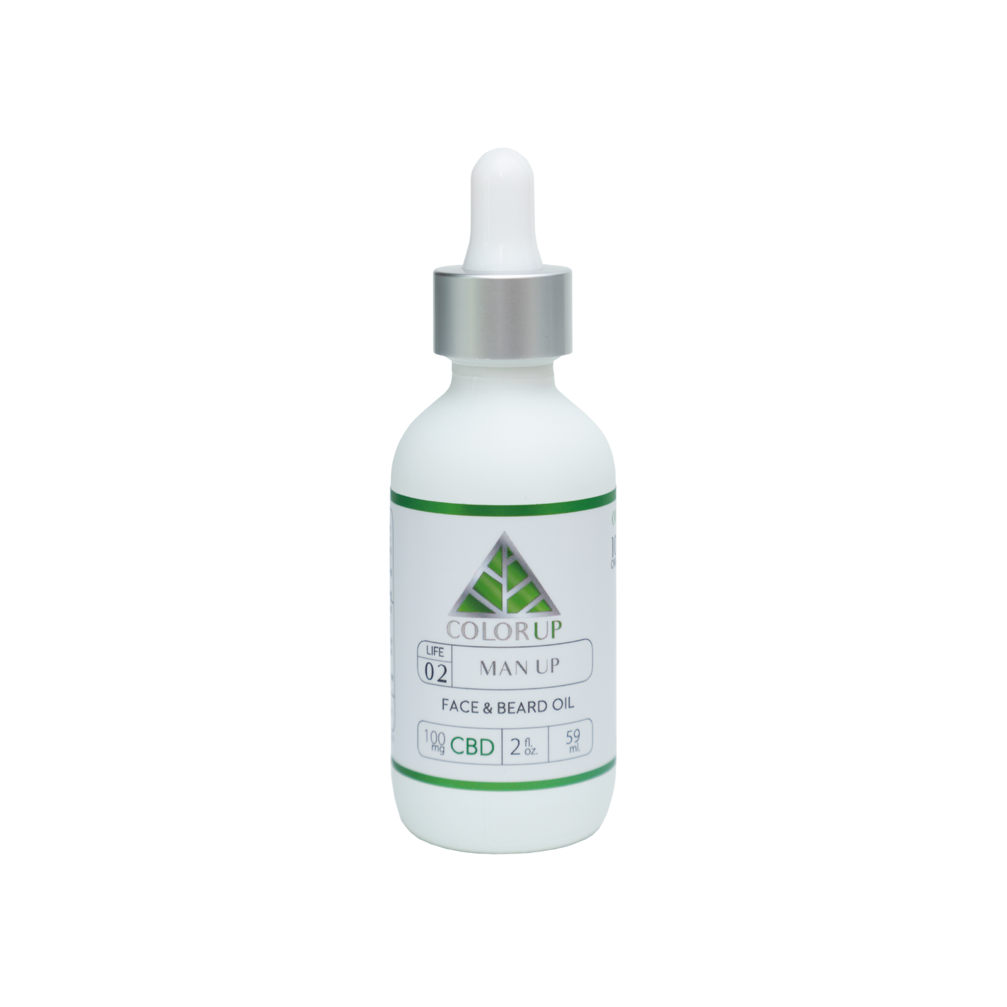 Color Up MAN UP Face and Beard Oil with CBD and botanical oils for beard care, facial hair, and men’s skincare on a white background.