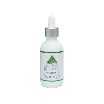 Color Up MAN UP Face and Beard Oil with CBD and botanical oils for beard care, facial hair, and men’s skincare on a white background.