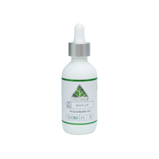 Color Up MAN UP Face and Beard Oil with CBD and botanical oils for beard care, facial hair, and men’s skincare on a white background.