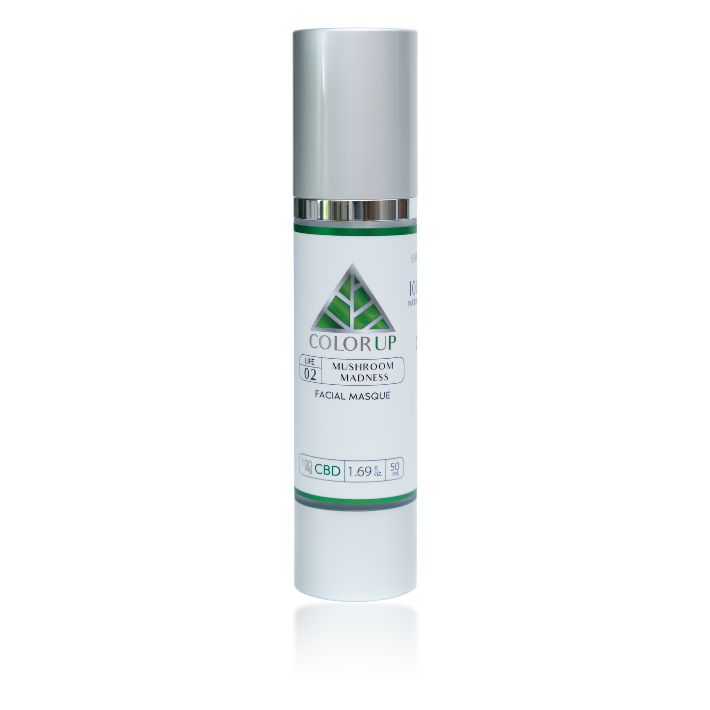 Color Up Mushroom Madness label with green triangle logo in tall silver cosmetics bottle with white background.