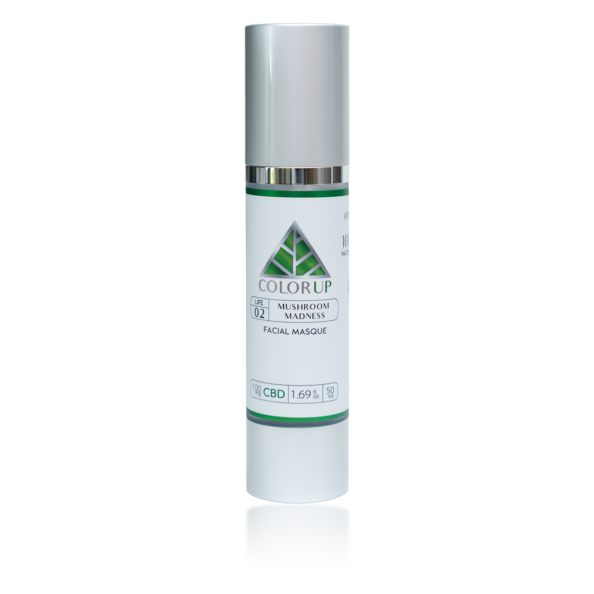 Color Up Mushroom Madness label with green triangle logo in tall silver cosmetics bottle with white background.