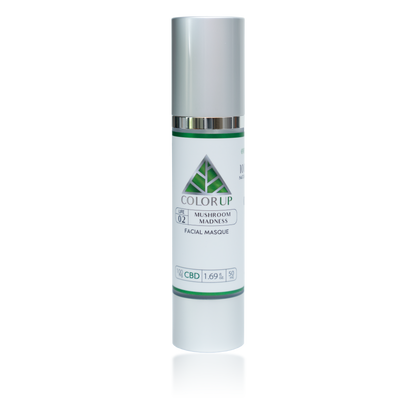Color Up Mushroom Madness label with green triangle logo in tall silver cosmetics bottle with white background.