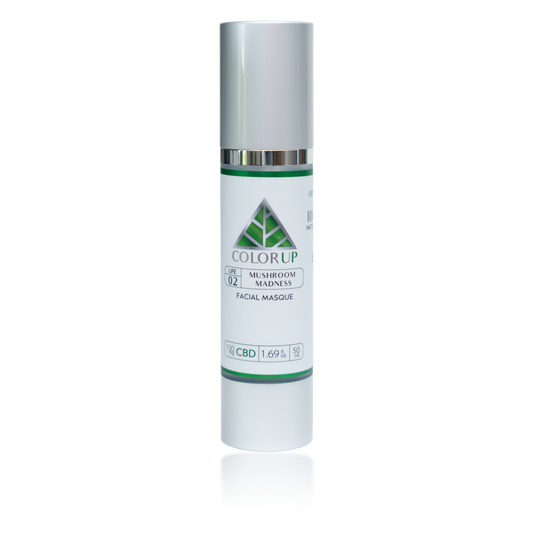 Color Up Mushroom Madness label with green triangle logo in tall silver cosmetics bottle with white background.