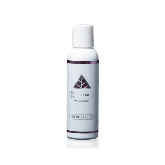 Color Up REFINE Facial Scrub with CBD, walnut shell powder, willow bark, and botanical brightening ingredients on white background.