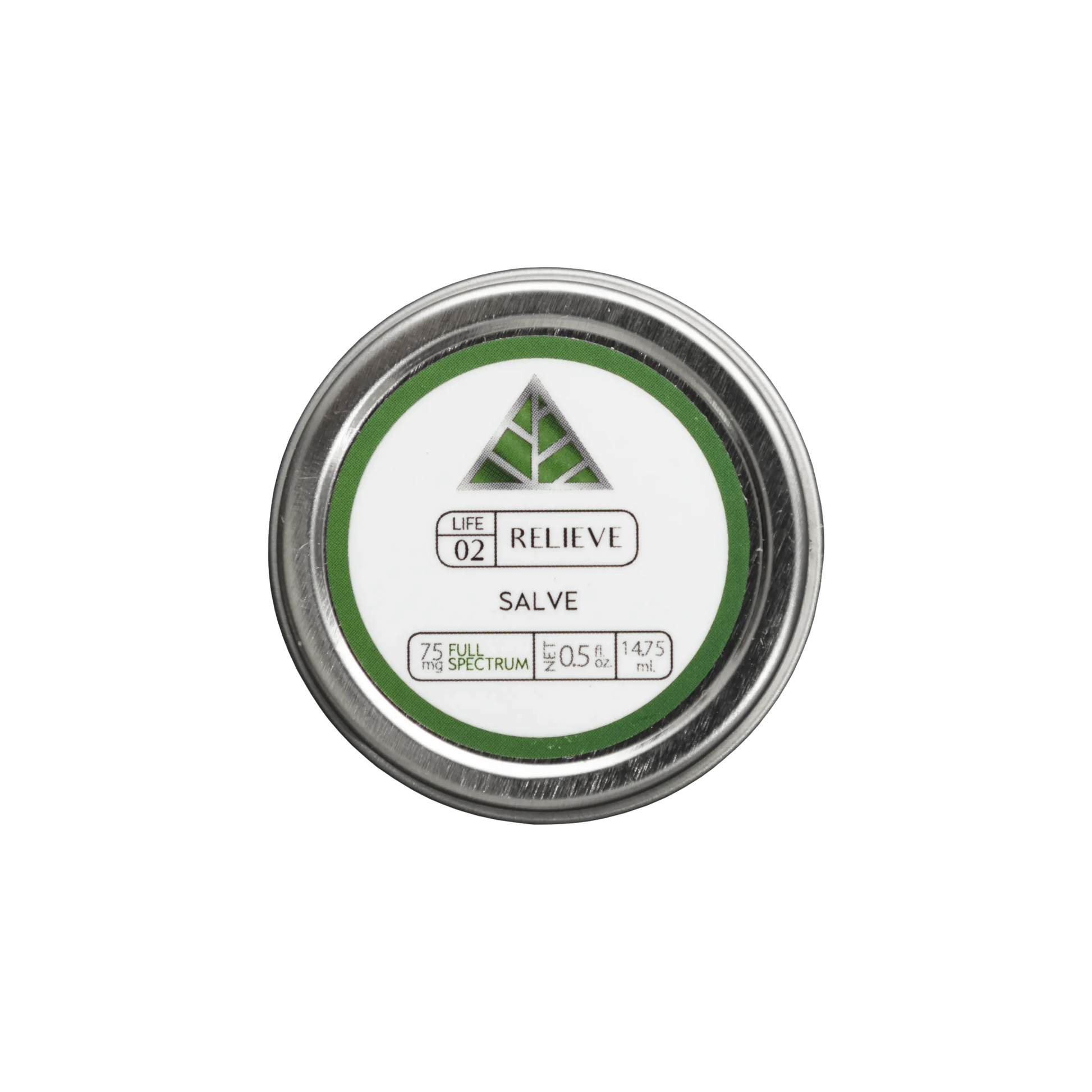 Color Up RELIEVE Full Spectrum Salve in travel-size 0.5 oz tin with hemp beeswax on a transparent background.