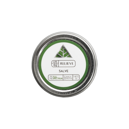 Color Up RELIEVE Full Spectrum Salve in travel-size 0.5 oz tin with hemp beeswax on a transparent background.