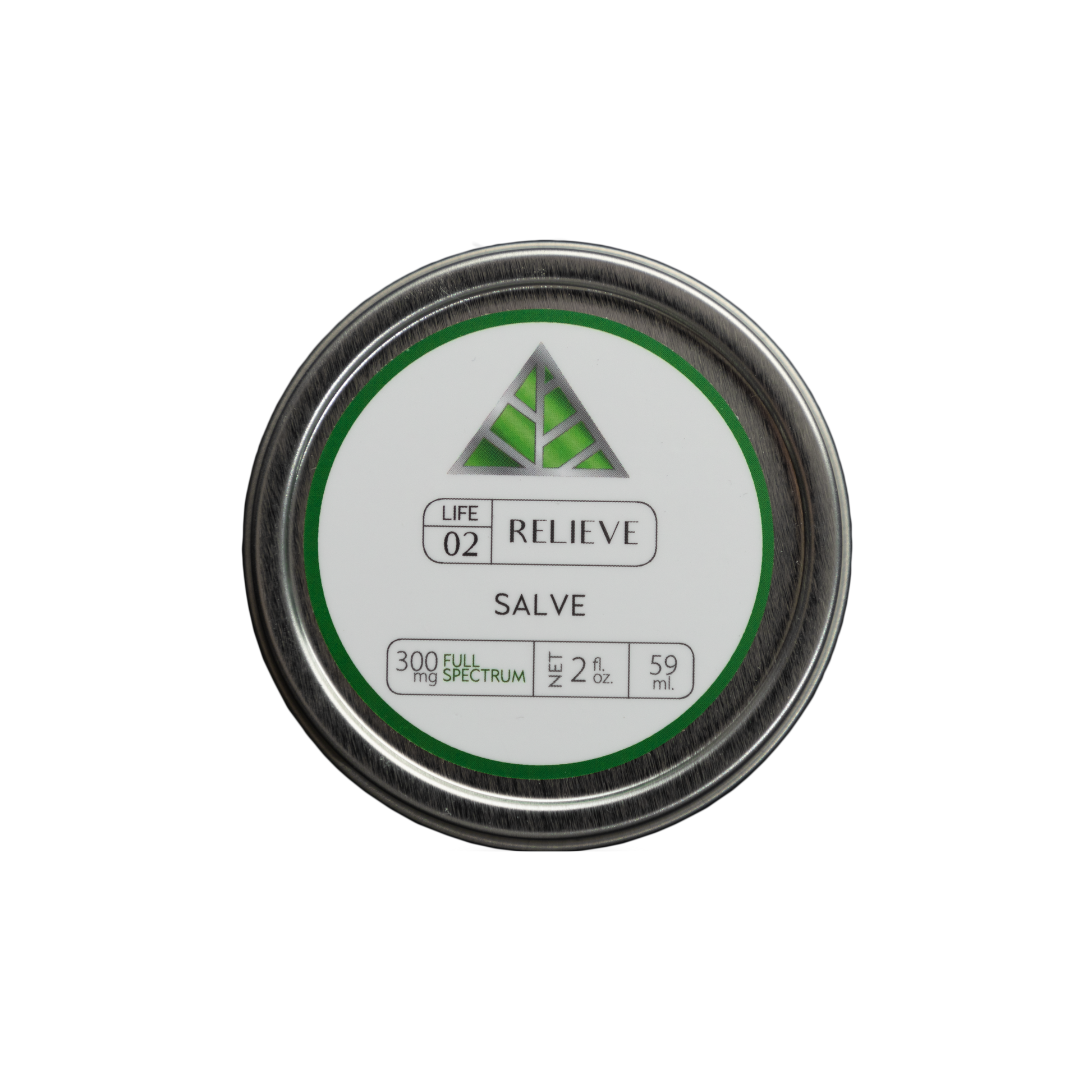 Color Up RELIEVE Full Spectrum Salve in 2 oz tin with CBD, CBG, CBN, CBC, hemp seed oil, beeswax, and arnica on transparent background.