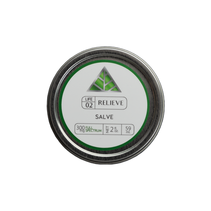 Color Up RELIEVE Full Spectrum Salve in 2 oz tin with CBD, CBG, CBN, CBC, hemp seed oil, beeswax, and arnica on transparent background.