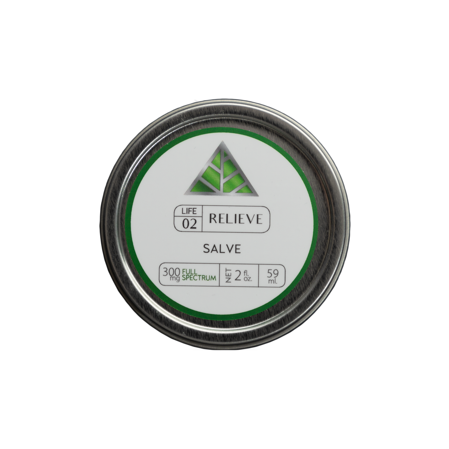 Color Up RELIEVE Full Spectrum Salve in 2 oz tin with CBD, CBG, CBN, CBC, hemp seed oil, beeswax, and arnica on white background.