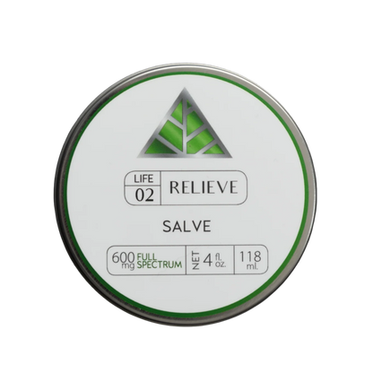 Color Up RELIEVE Full Spectrum Salve in 4 oz tin with CBD and hemp beeswax on a transparent background.