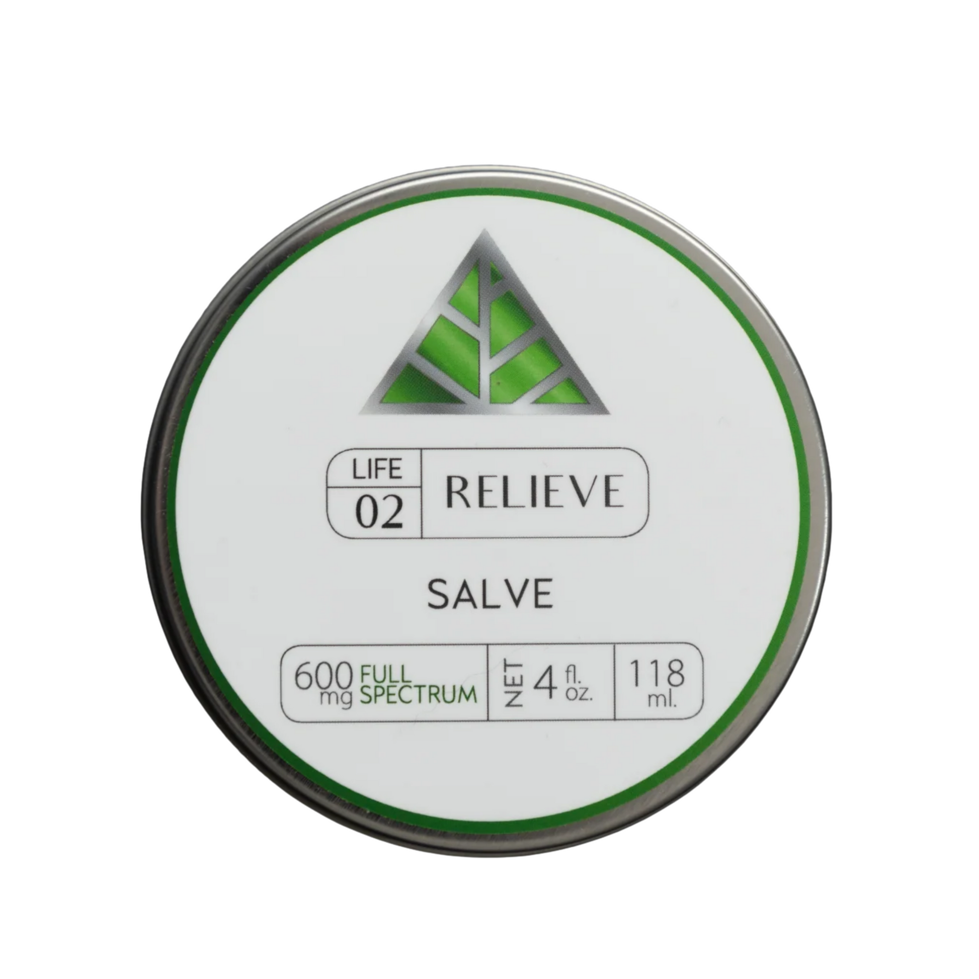 Color Up RELIEVE Full Spectrum Salve in 4 oz tin with CBD and hemp beeswax on a white background.