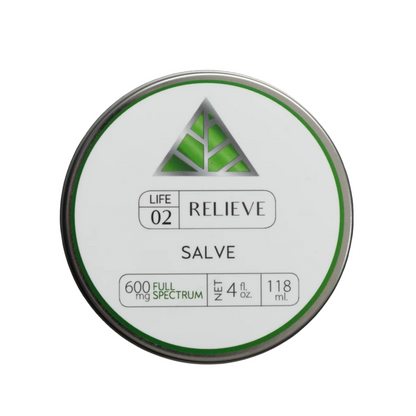 Color Up RELIEVE Full Spectrum Salve in 4 oz tin with CBD and hemp beeswax on a white background.
