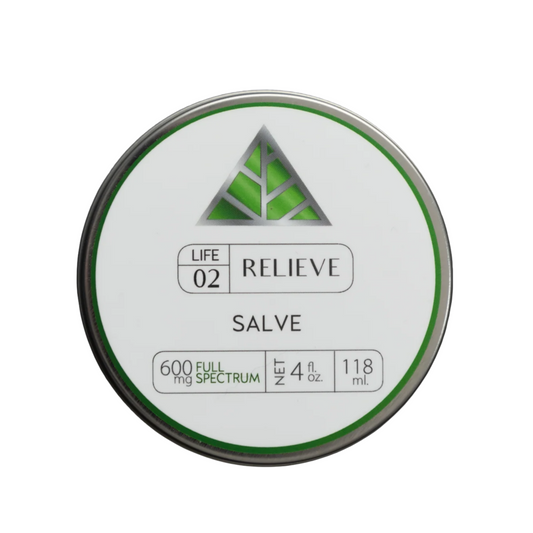 Color Up RELIEVE Full Spectrum Salve in 4 oz tin with CBD and hemp beeswax on a white background.