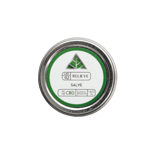 Color Up RELIEVE Pure CBD Salve in 0.5 oz travel tin with hemp seed oil, beeswax, arnica, and 75mg CBD on a white background.