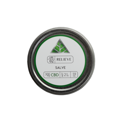 Color Up RELIEVE Pure CBD Salve in 2 oz with 300mg CBD, hemp seed oil, beeswax, and arnica on transparent background.