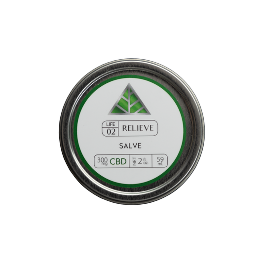 Color Up RELIEVE Pure CBD Salve in 2 oz with 300mg CBD, hemp seed oil, beeswax, and arnica on transparent background.