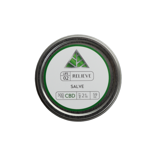 Color Up RELIEVE Pure CBD Salve in 2 oz with 300mg CBD, hemp seed oil, beeswax, and arnica on white background.
