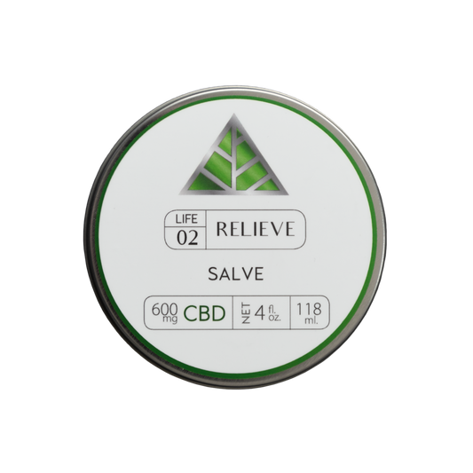 Color Up RELIEVE Pure CBD Salve in 4 oz tin with CBD and hemp beeswax on a transparent background.
