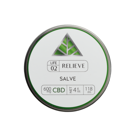 Color Up RELIEVE Pure CBD Salve in 4 oz tin with CBD and hemp beeswax on a white background.