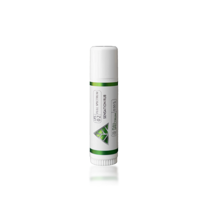 Color Up SENSATION Rub with full-spectrum CBD, menthol, and camphor in a mess-free targeted-use stick on transparent background.