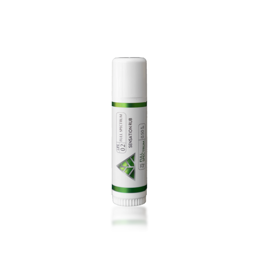 Color Up SENSATION Rub with full-spectrum CBD, menthol, and camphor in a mess-free targeted-use stick on transparent background.