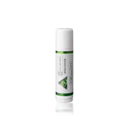 Color Up SENSATION Rub with full-spectrum CBD, menthol, and camphor in a mess-free targeted-use stick on white background.