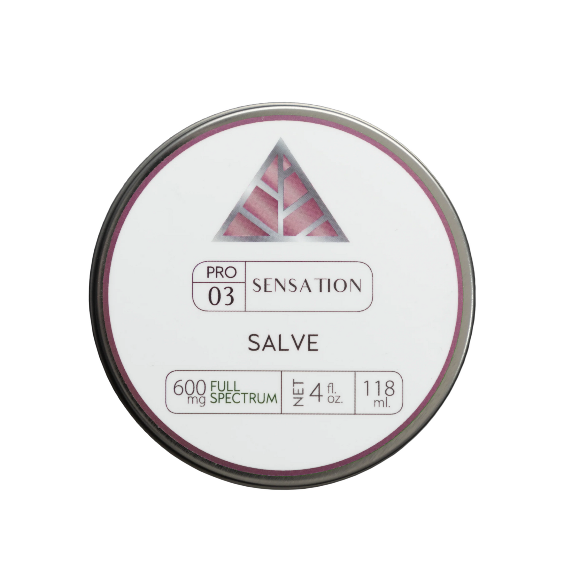 Silver salve container labeled 'Pro 03 Sensation Salve on a white  background.
