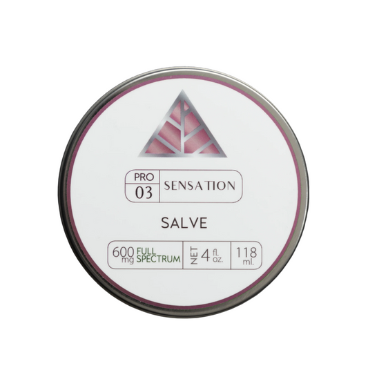 Silver salve container labeled 'Pro 03 Sensation Salve on a white  background.