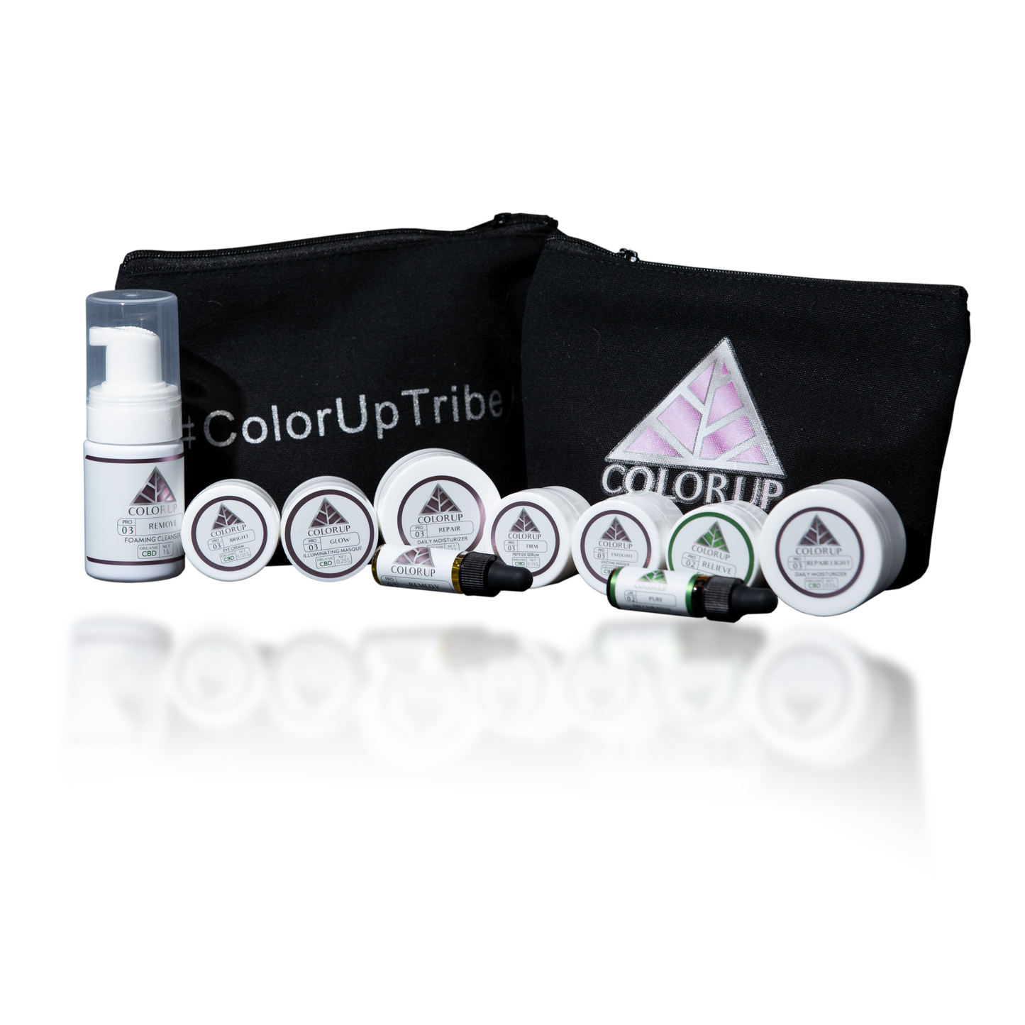 Color Up Skincare Travel Kit with 10 white sample sized skin care products  in front of canvas bag labeled with Color Up logo on transparent background.