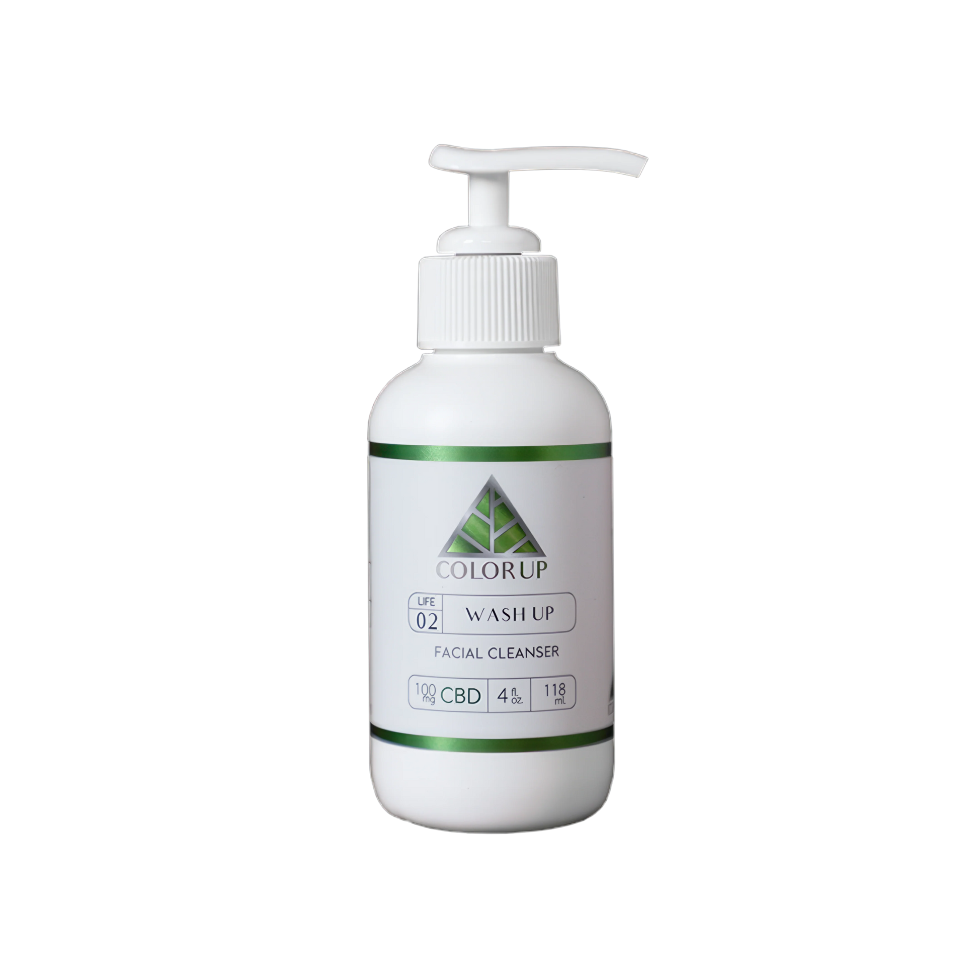 White 4 oz pump bottle of Color Up Wash Up facial cleanser with pump on a transparent background
