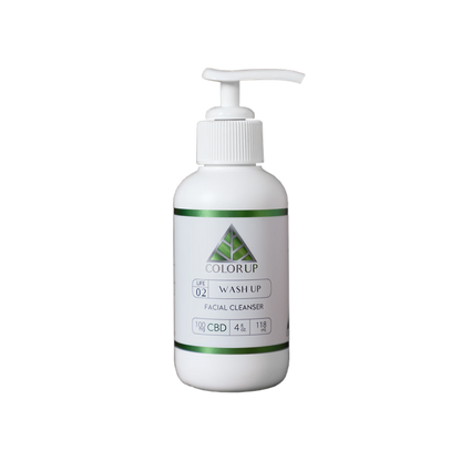 White 4 oz pump bottle of Color Up Wash Up facial cleanser with pump on a transparent background