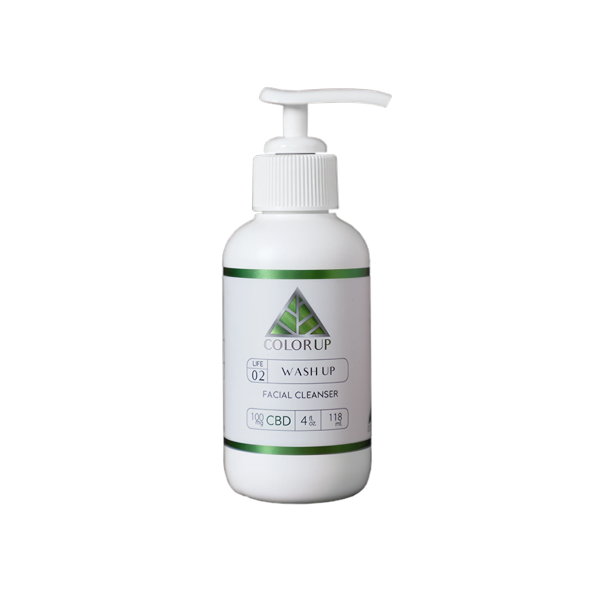 White 4 oz pump bottle of Color Up Wash Up facial cleanser with pump on a white background