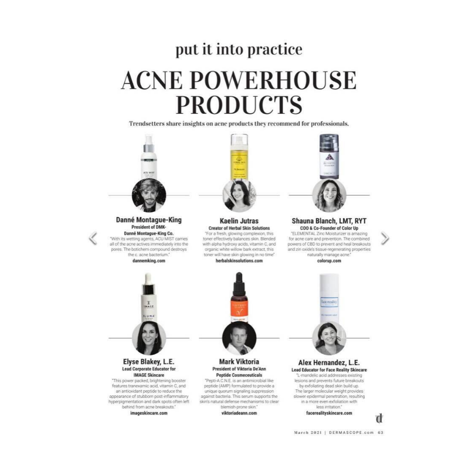 Dermascope Magazine features Color Up Elemental Zinc Moisturizer among professional acne treatment recommendations selected by leading esthetic educators and skincare experts.