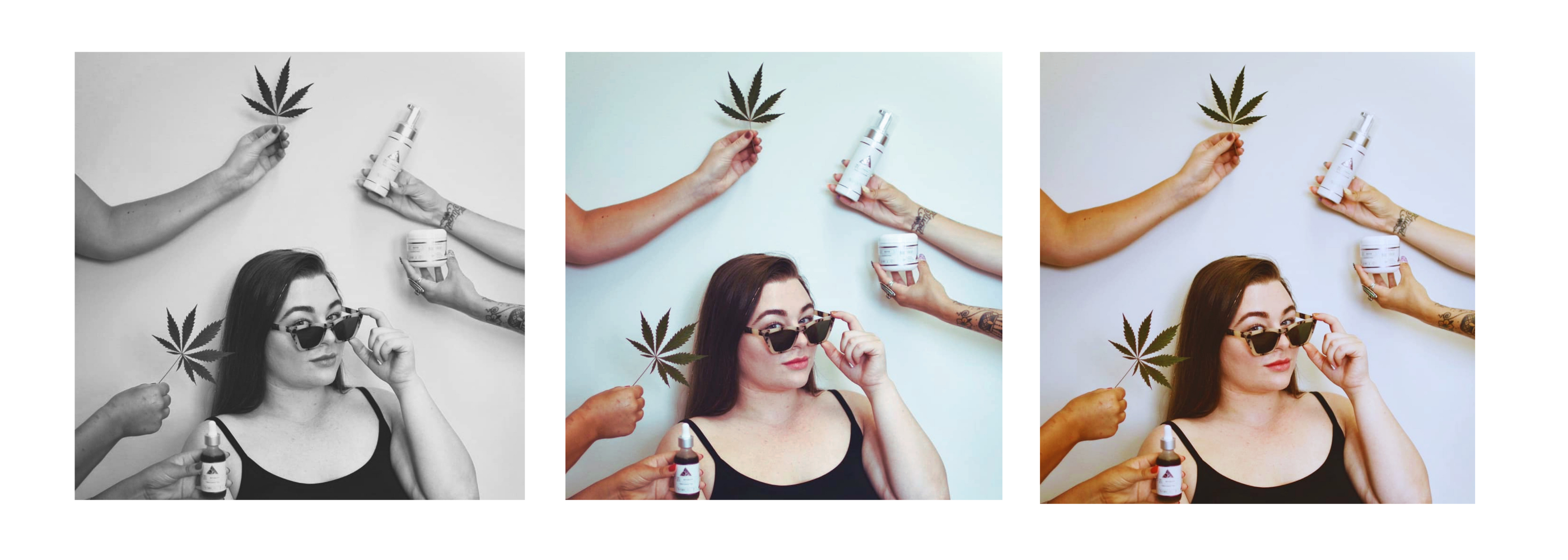 Lifestyle image featuring Color Up CBD skincare products with cannabis leaves, professional facial treatments, and modern skincare branding.
