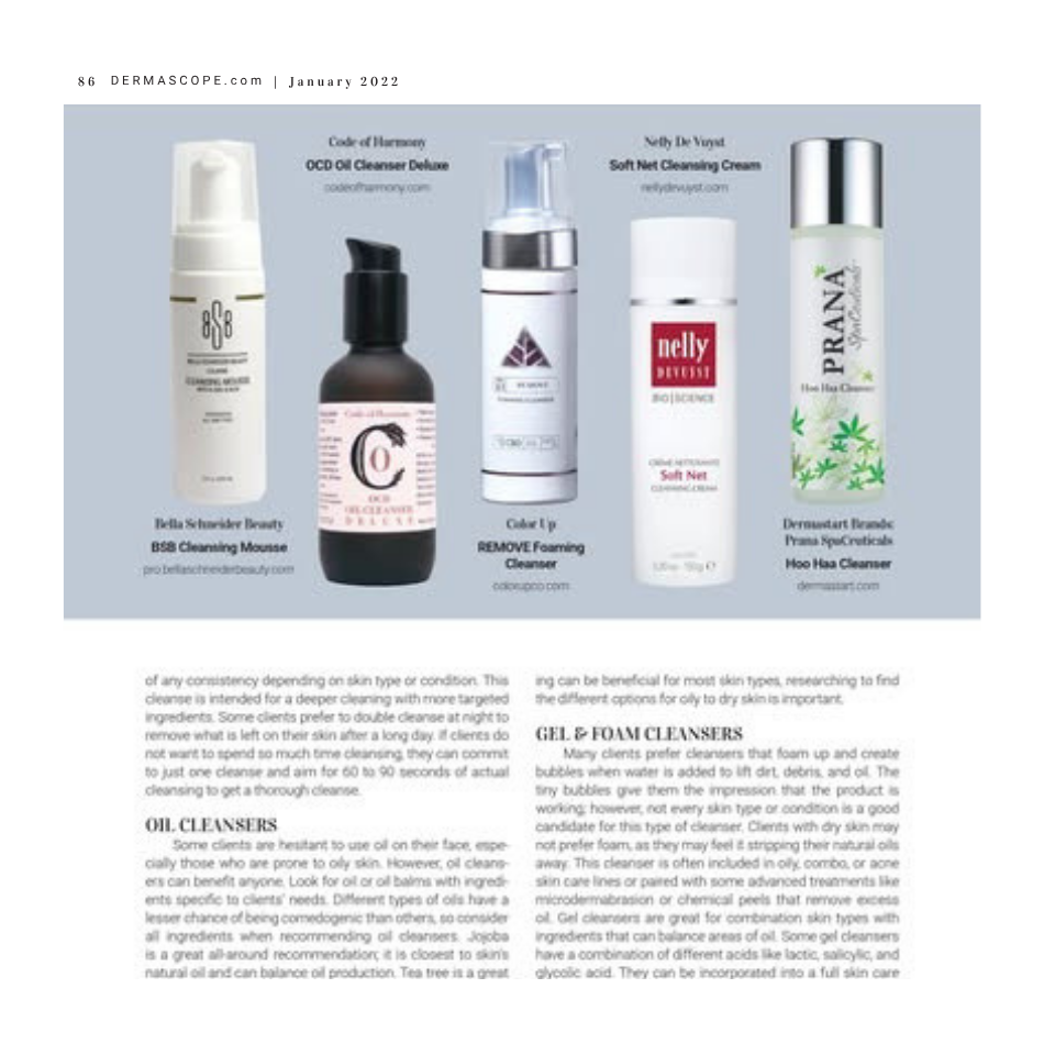 Dermascope Magazine professional cleanser guide featuring Color Up Remove Foaming Cleanser alongside leading esthetician skincare brands for professional facial cleansing protocols.